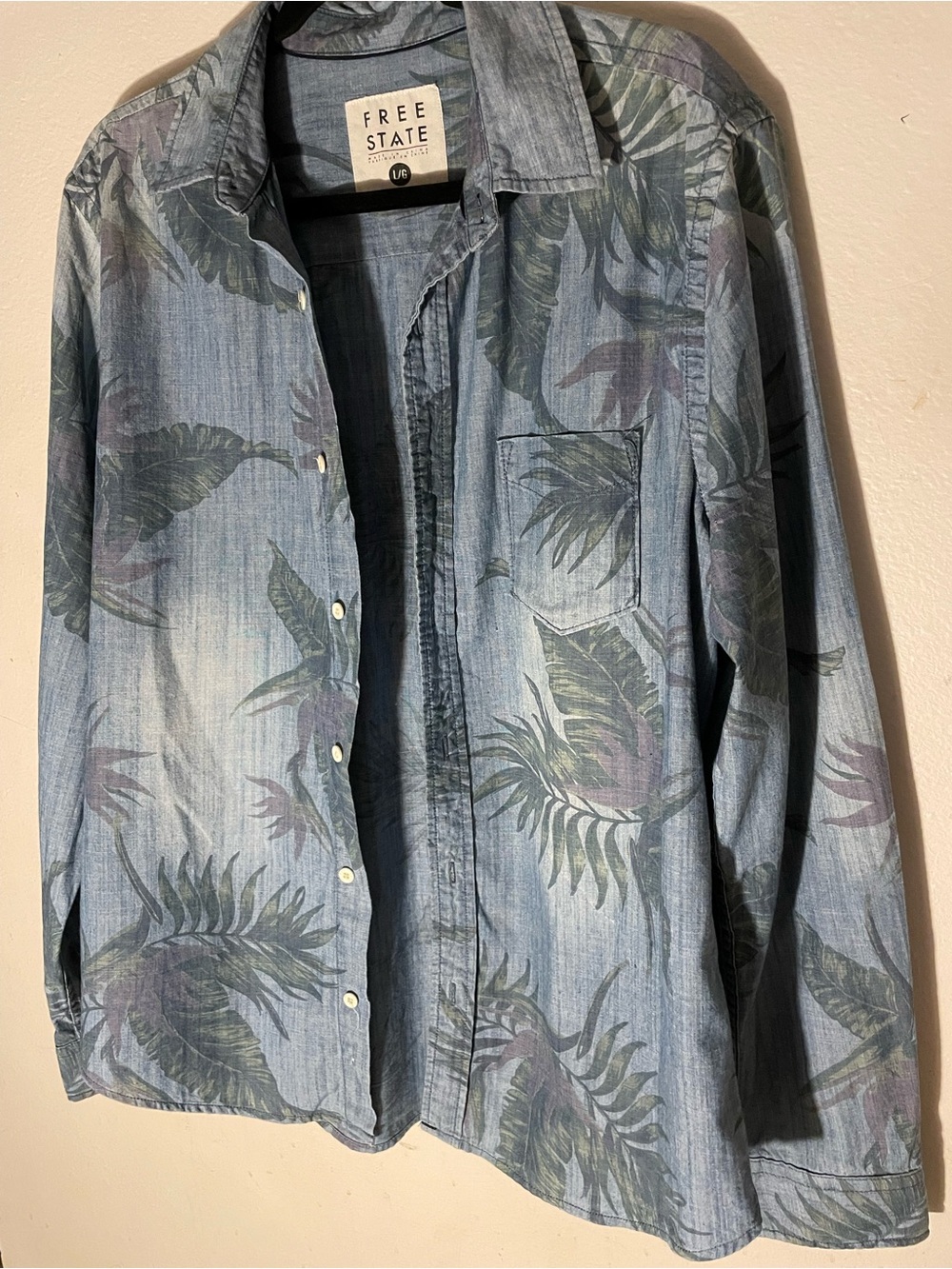 Free State Blue Chambray Tropical-Print Button Down Shirt